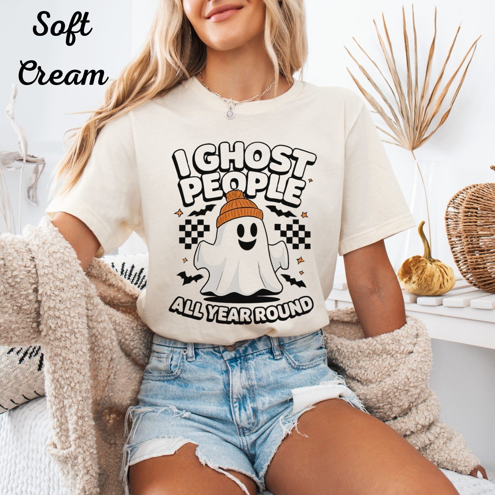 Womans T Shirt I Ghost People All Year Round  Funny Halloween Top Spooky Ghost 