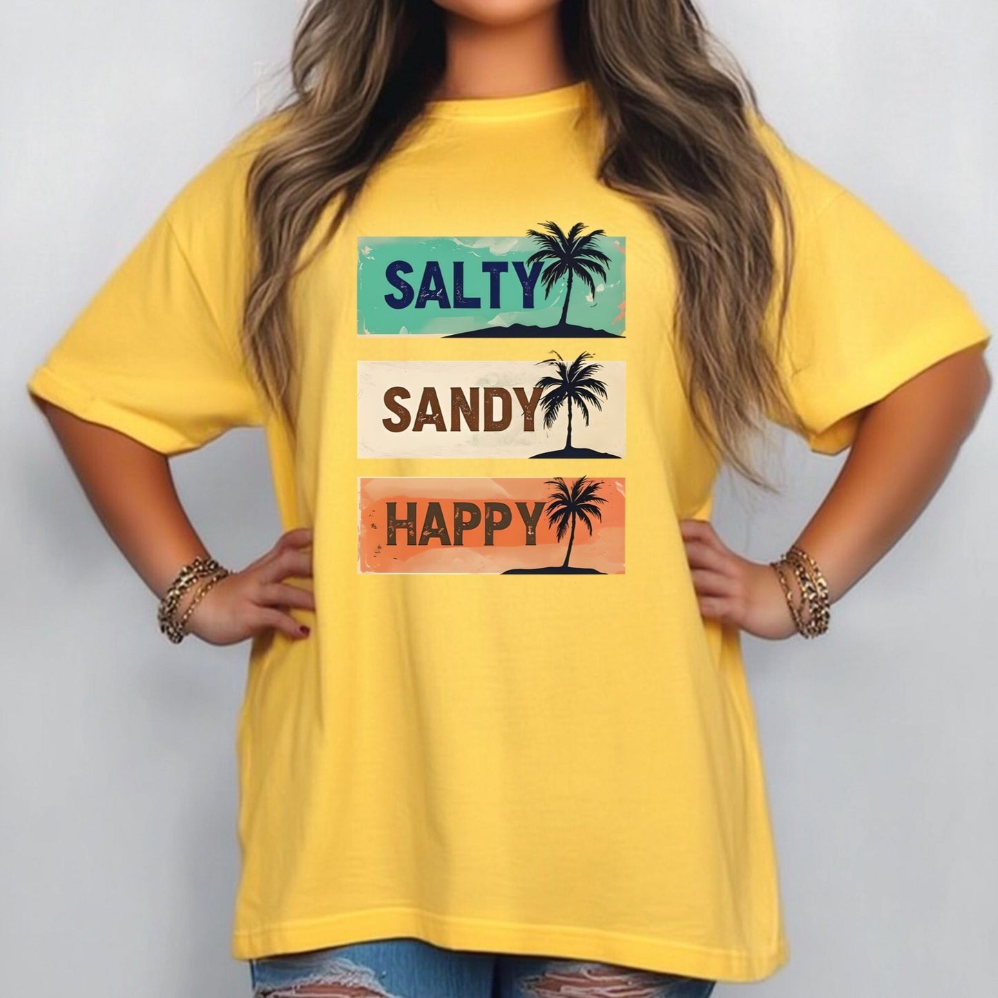 Womans Summer T Shirt Salty Sandy Happy Palm Tree Shirt Beachwear S-2XL