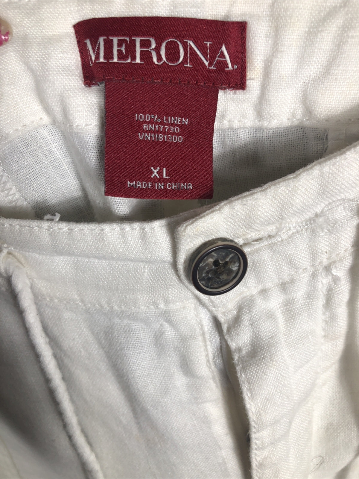Merona Pants Woman’s Lounge Ivory Linen Pants Pockets Roll Tab Cuff Elastic XL