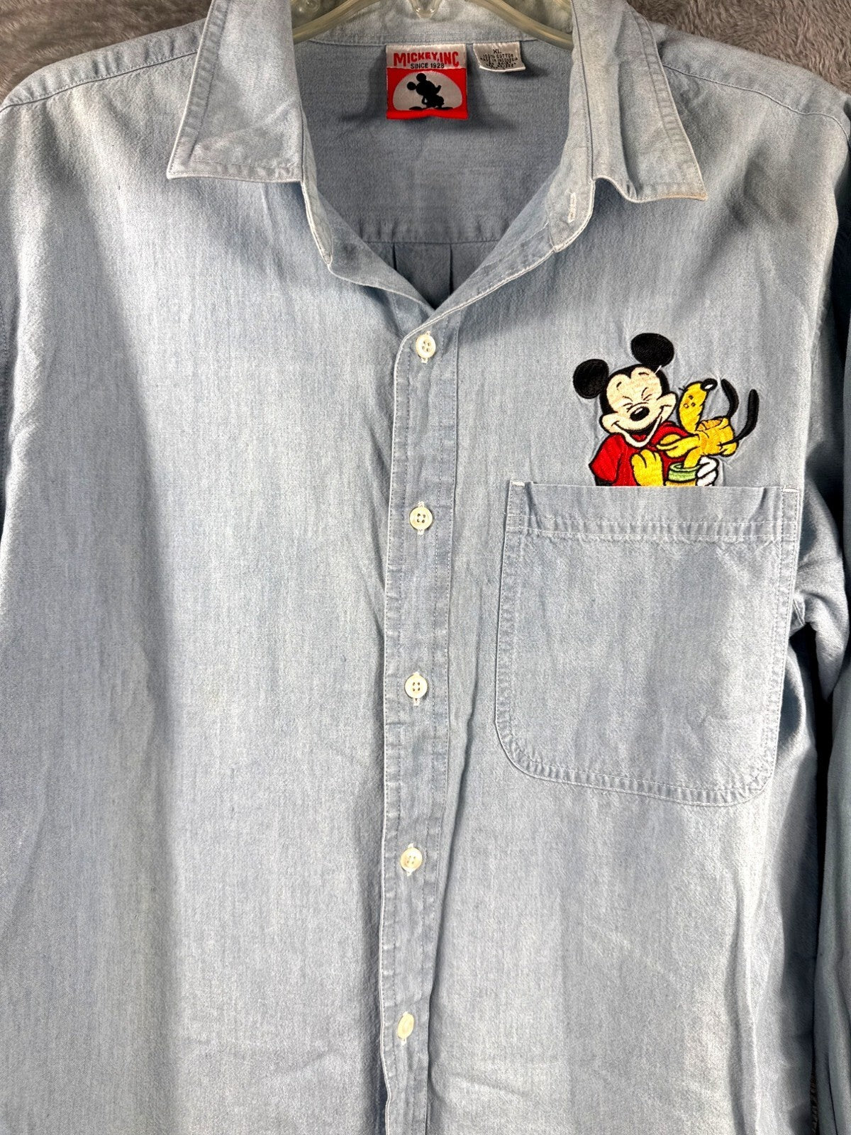 Mickey Inc. Vintage Shirt XL Denim Unisex Button Down Mickey & Pluto Embroider
