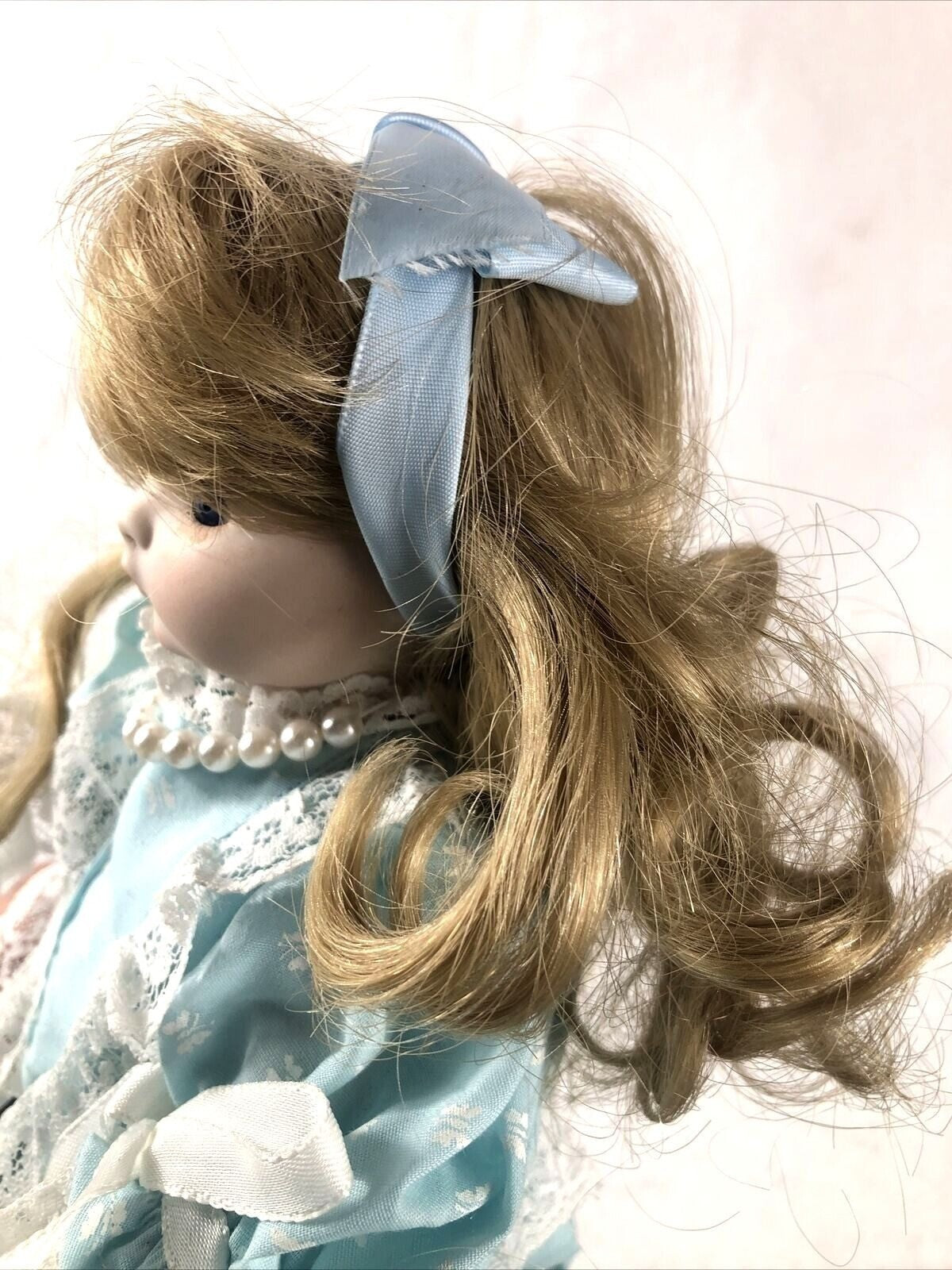 Vintage Porcelain Doll With Blue Dress & Pearls