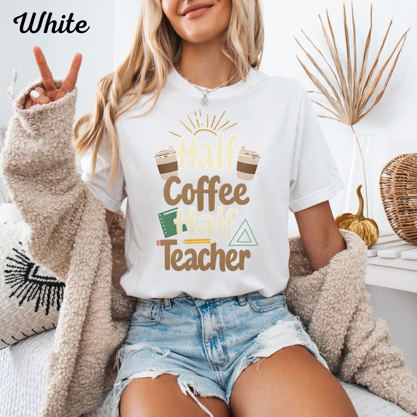 Womans T Shirt Half Teacher Half Coffee Top Retro Cute Teacher Gift 
