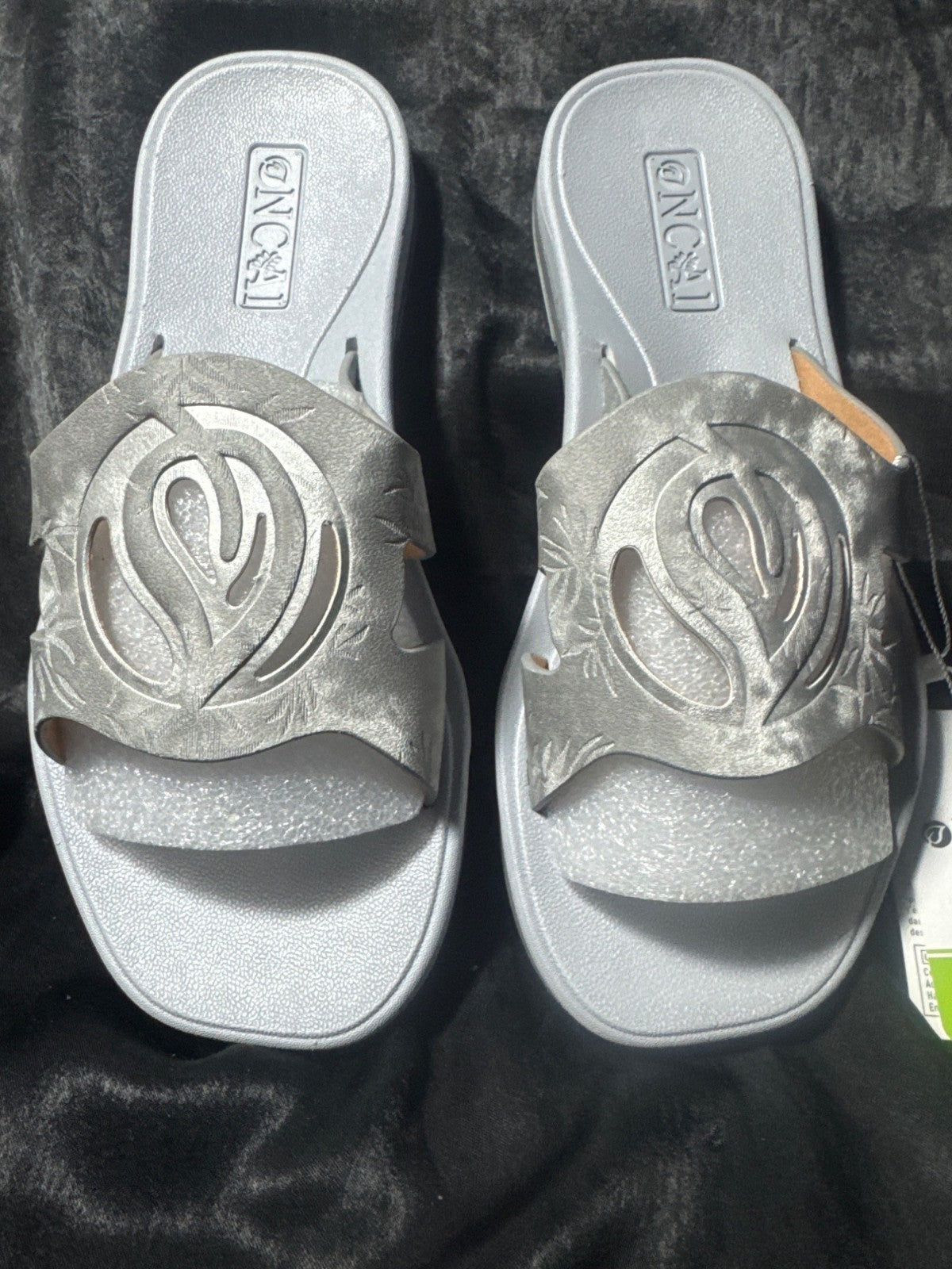 Womens Silver Slip-On Sandals By Oncai With Stylish Cut-Out Design & Embossed