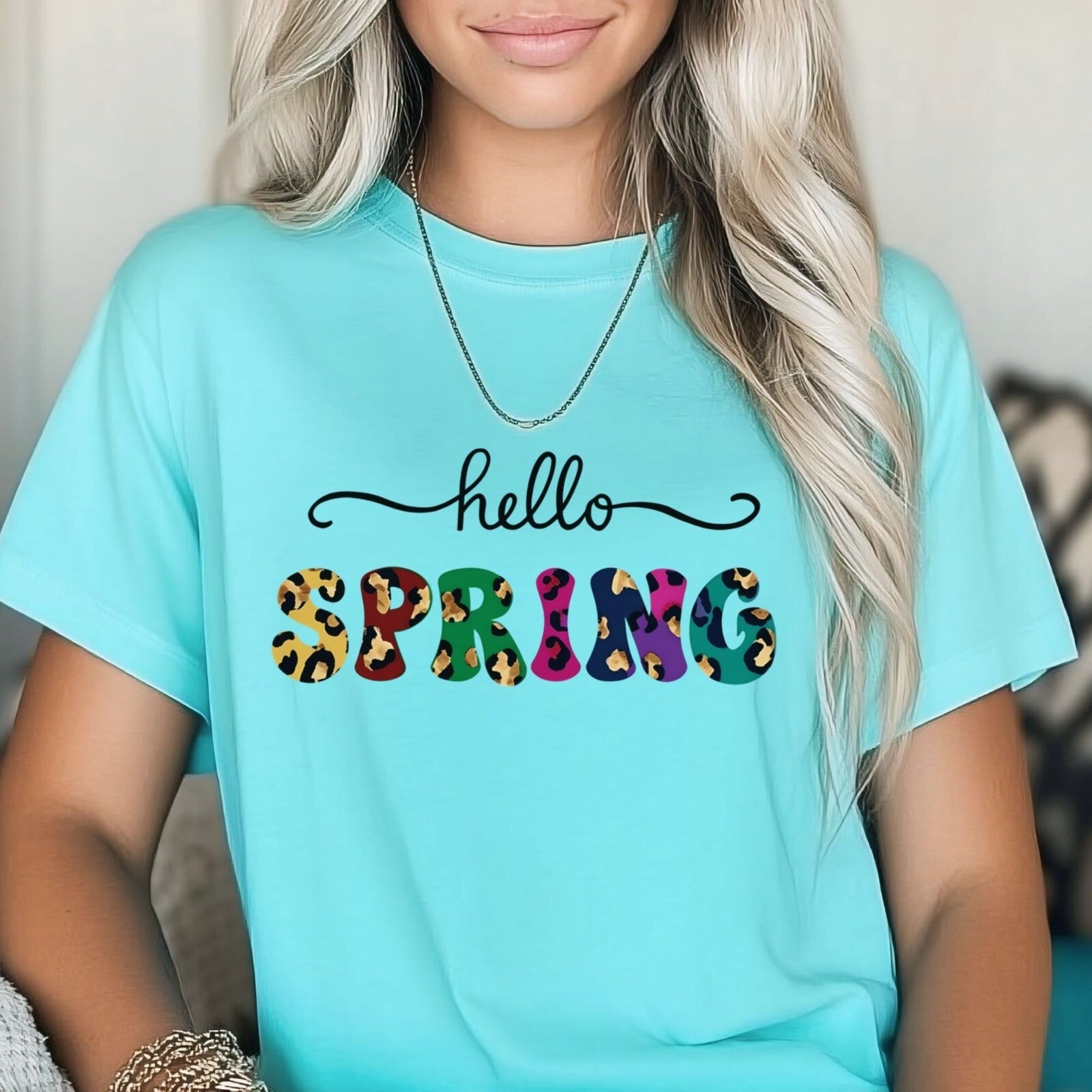 Womans T Shirt Summer Shirt Hello Spring T-Shirt Pastel Colors Top