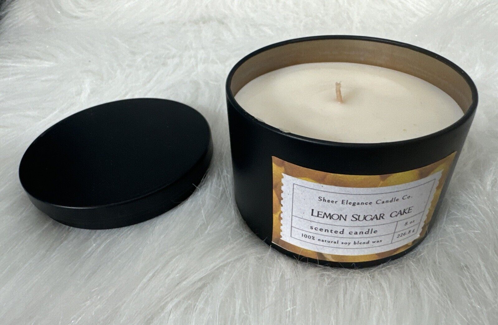 8 Oz Candle Lemon Sure Cake Max Scented Coconut Soy Blend Wax Black Tin