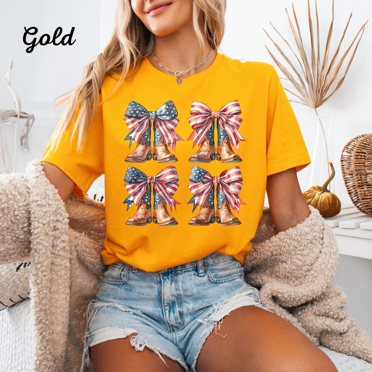 Womans T Shirt 4th of July American Flag Cowgirl Coquette Boots Top