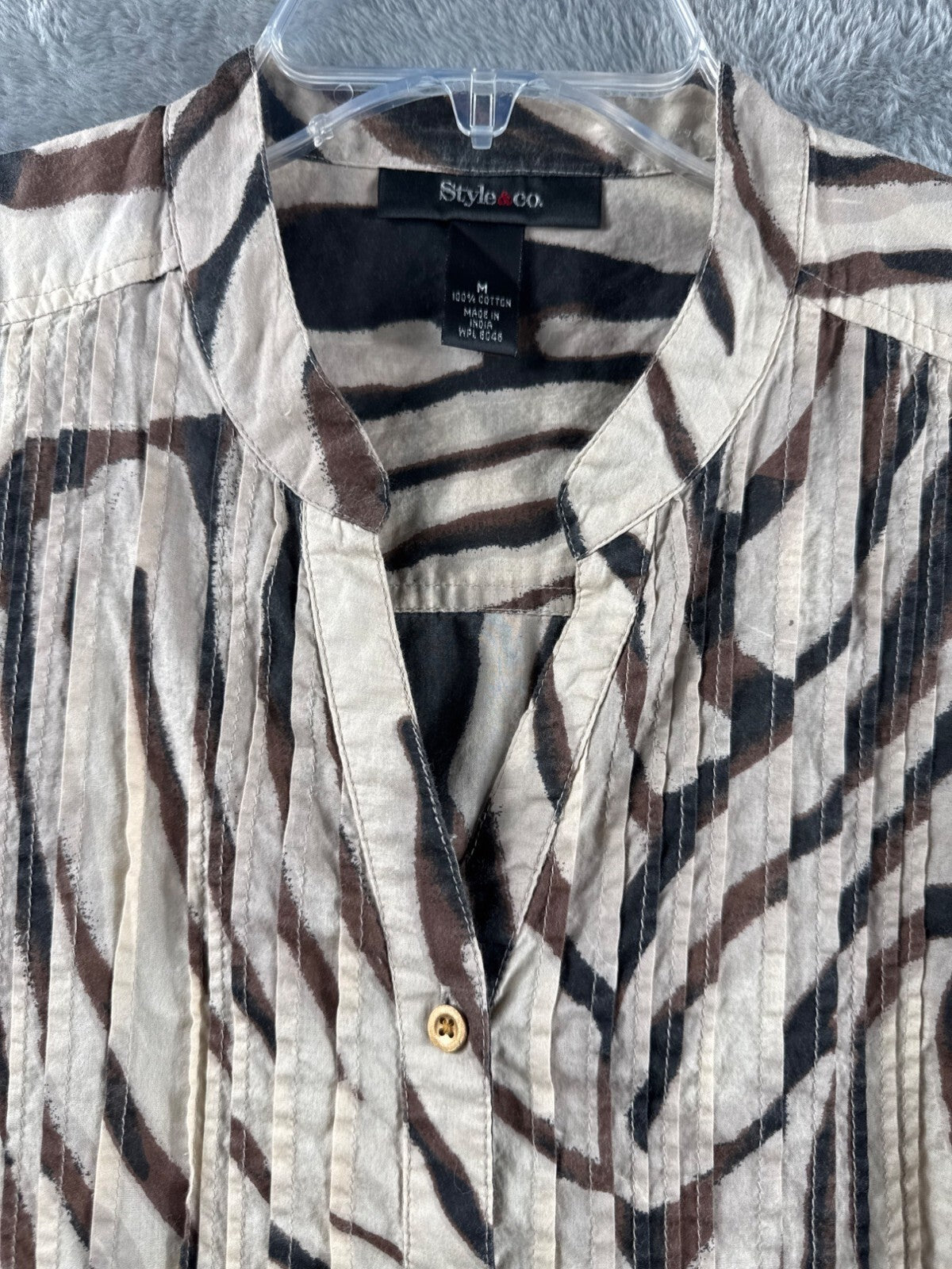 Style & Co Womens Shirt Zebra Print Button-Front Blouse M  Brown/Beige