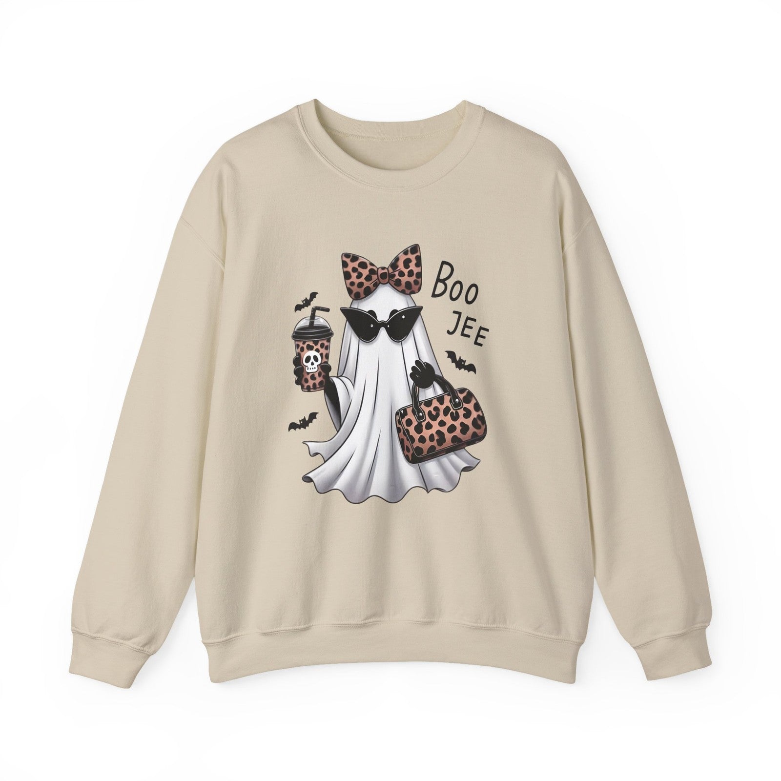 Womans Boojee Ghost Halloween Sweatshirt with Leopard Coquette Bow Cute Fall