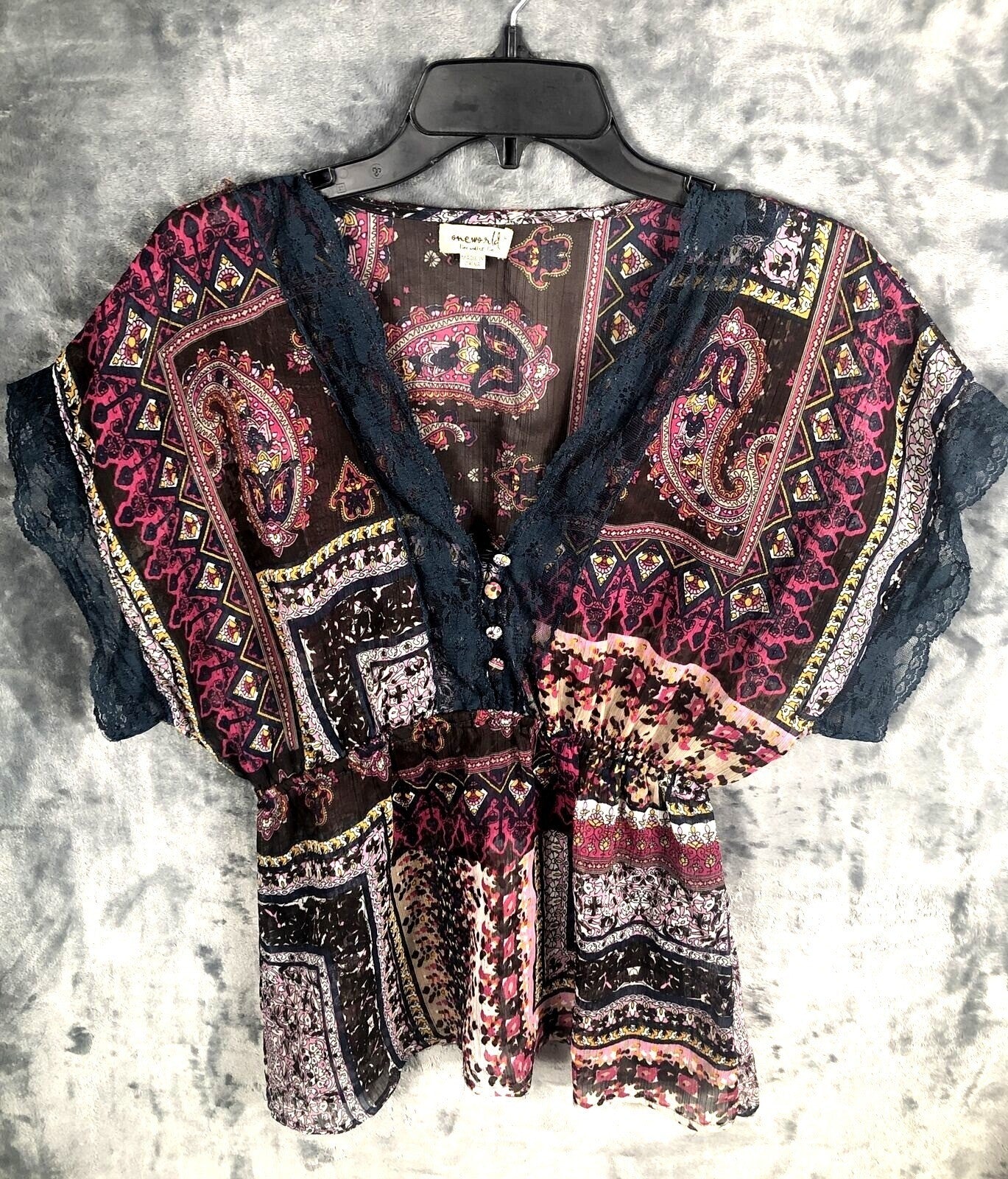 OneWorld Womens Blouse Boho Kimono Top With Lace Trim & Paisley Design