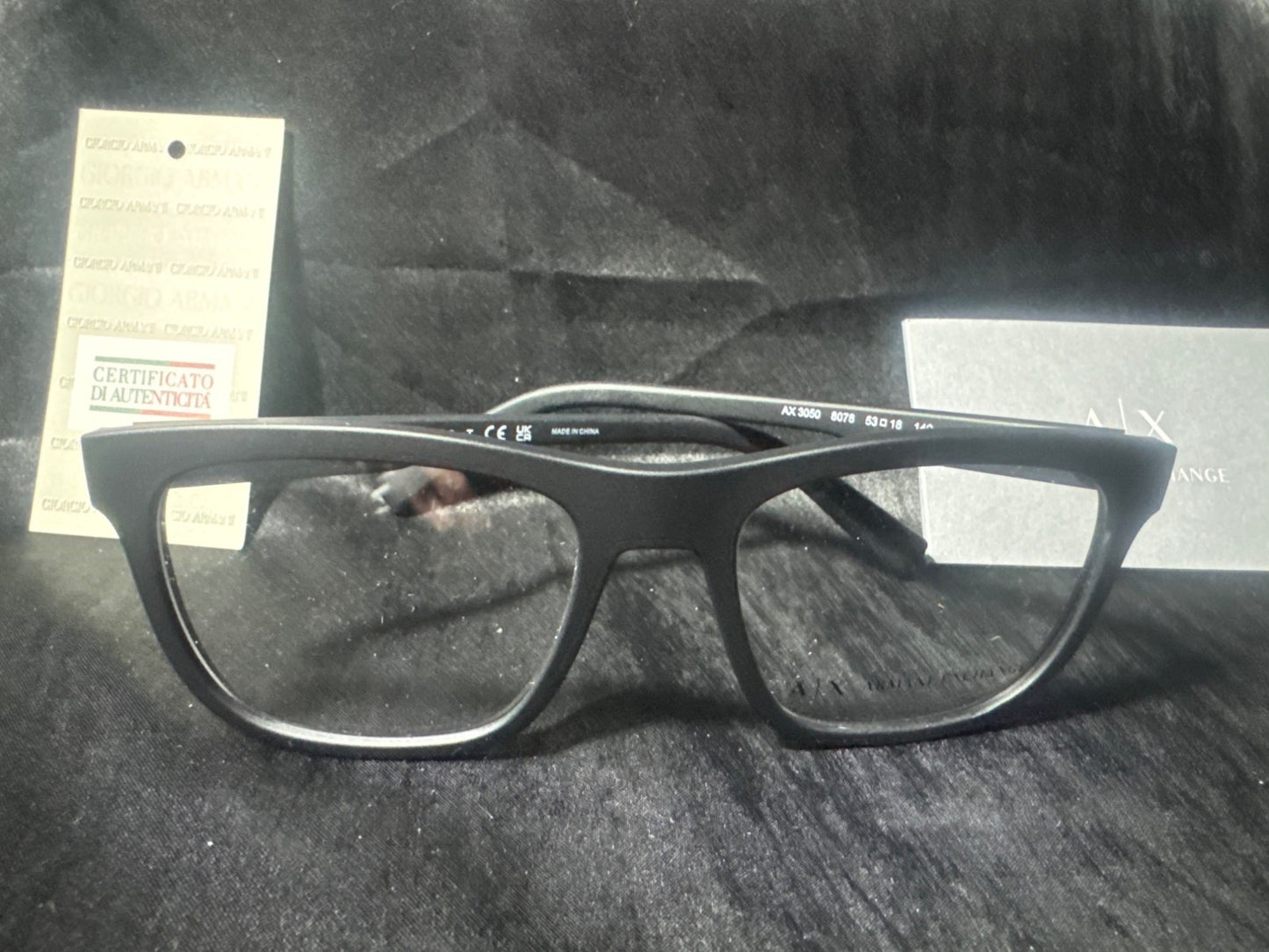 AX Armani Exchange Matte Black Demo Lens Eyeglasses With Case & Certificate Of A