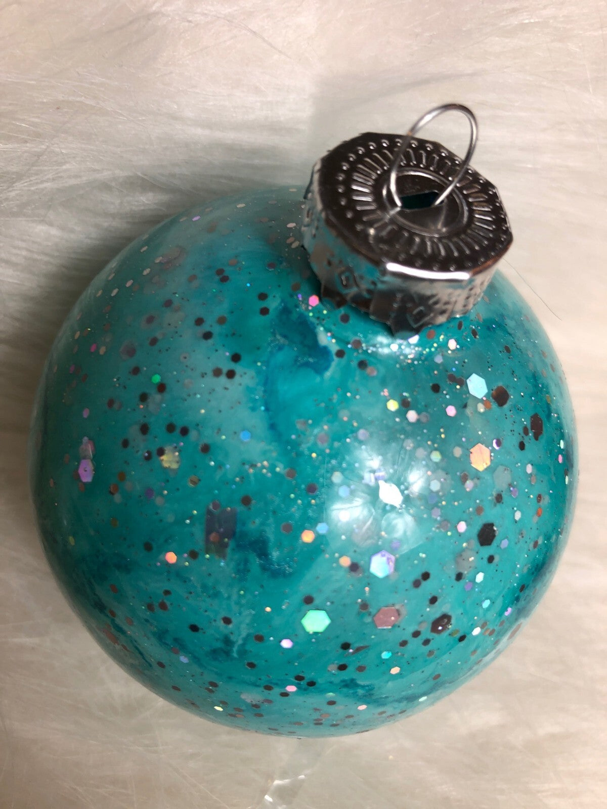 Handmade Glittery Aqua Christmas Ornament With Silver Cap