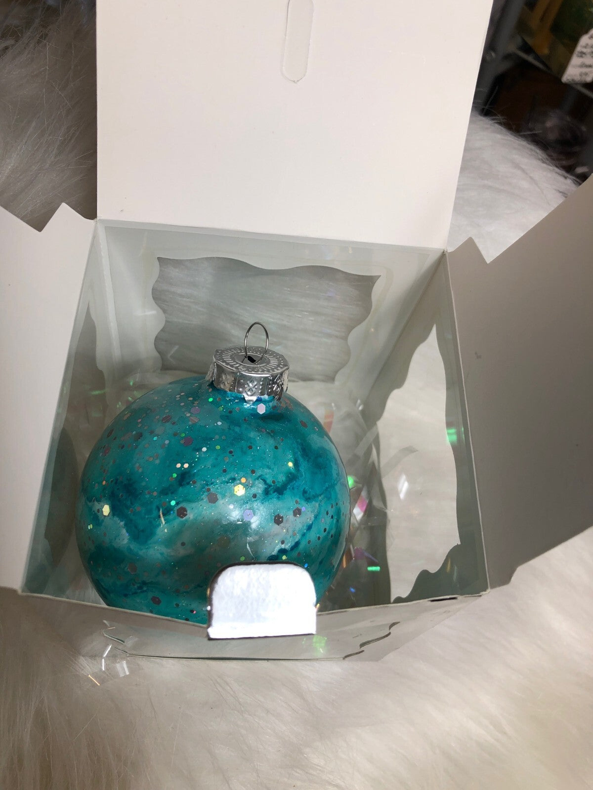 Handmade Glittery Aqua Christmas Ornament With Silver Cap