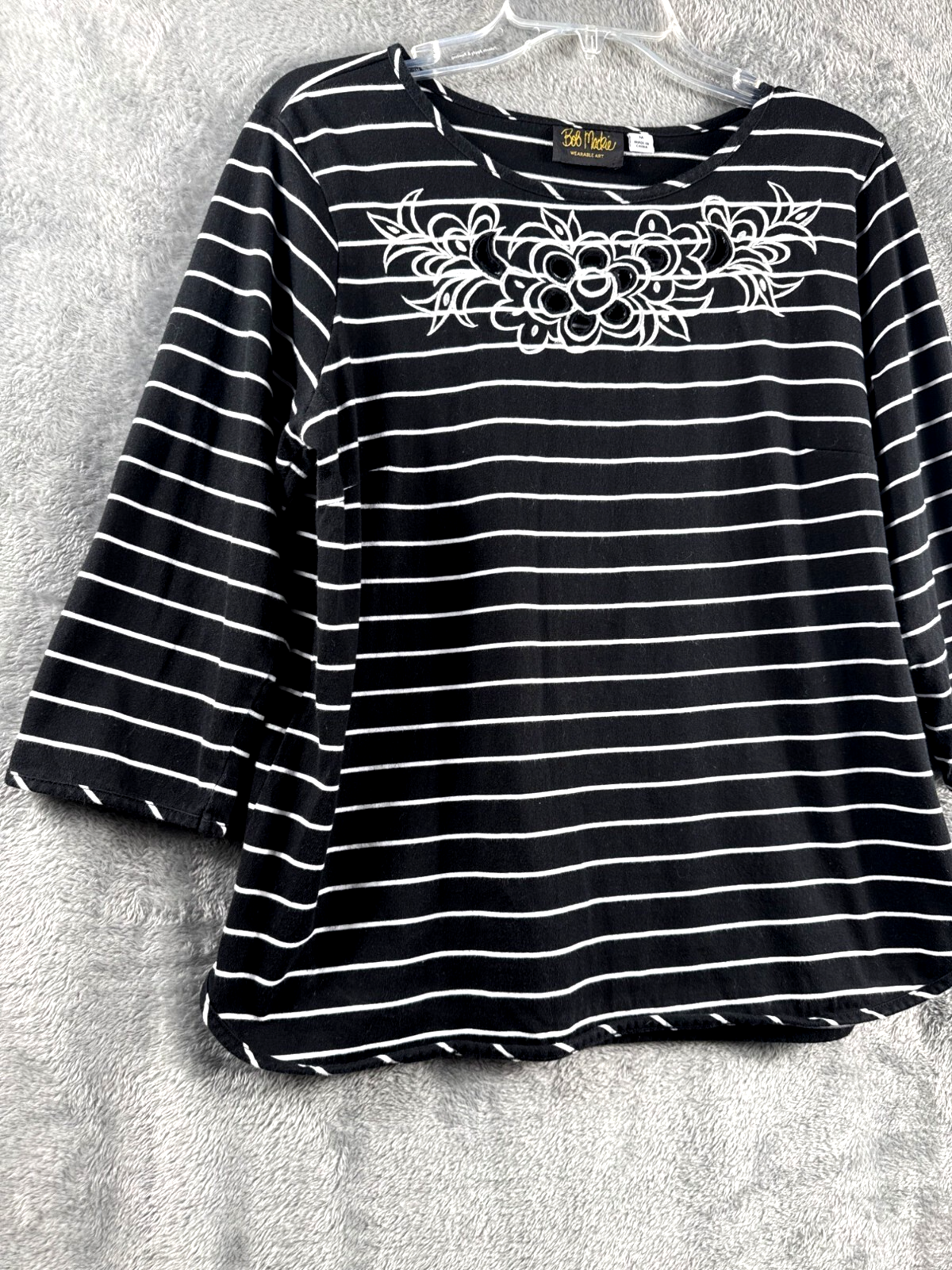 Bob Mackie Wearable Art Black & White Striped 3/4 Sleeve Top With Floral Embroid