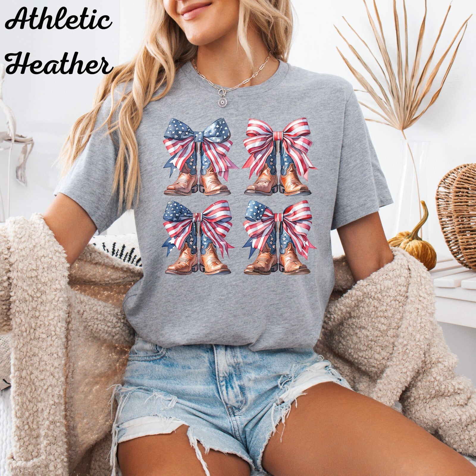 Womans T Shirt 4th of July American Flag Cowgirl Coquette Boots Top
