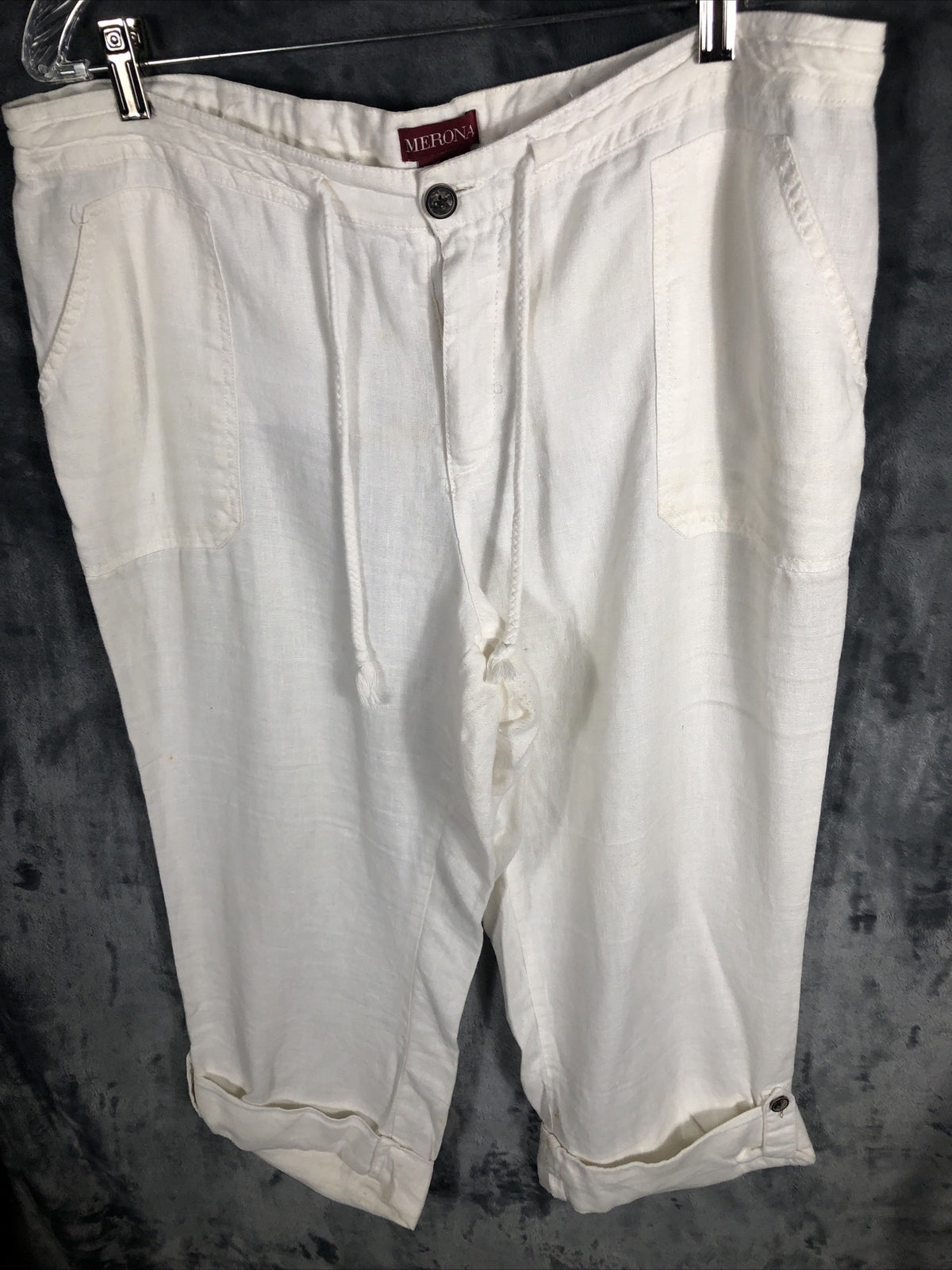 Merona Pants Woman’s Lounge Ivory Linen Pants Pockets Roll Tab Cuff Elastic XL