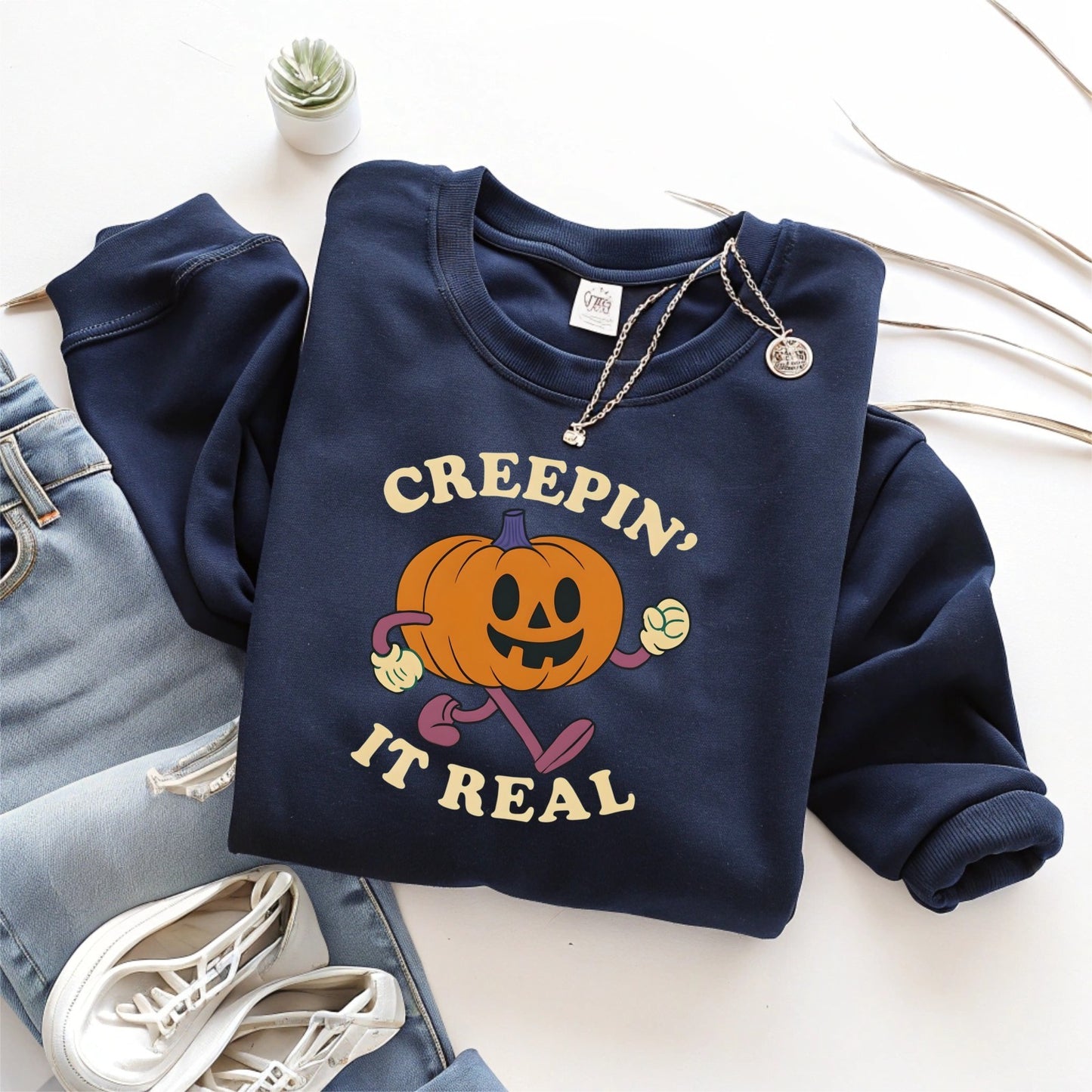 Womans Sweatshirt  Fun Creeping It Real Halloween Top Funny Ghost Pullover Shirt