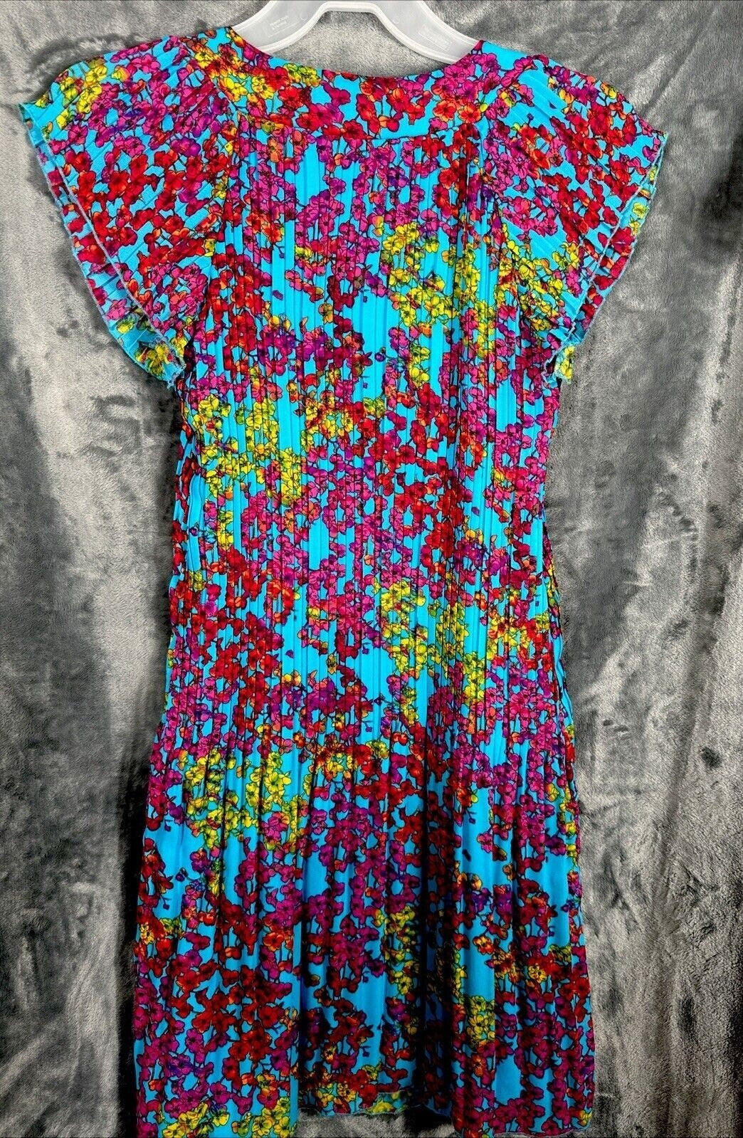New Directions Dress Womens A Line Turquoise Blue Floral Pleated Short Sleeve