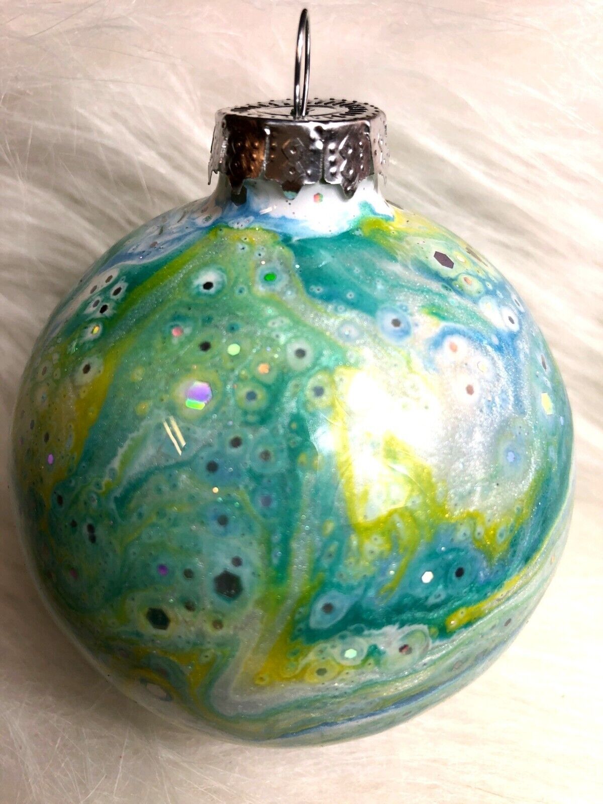 Christmas Ornament Green & Yellow Swirl Globe Hand-Painted Marbled Bauble