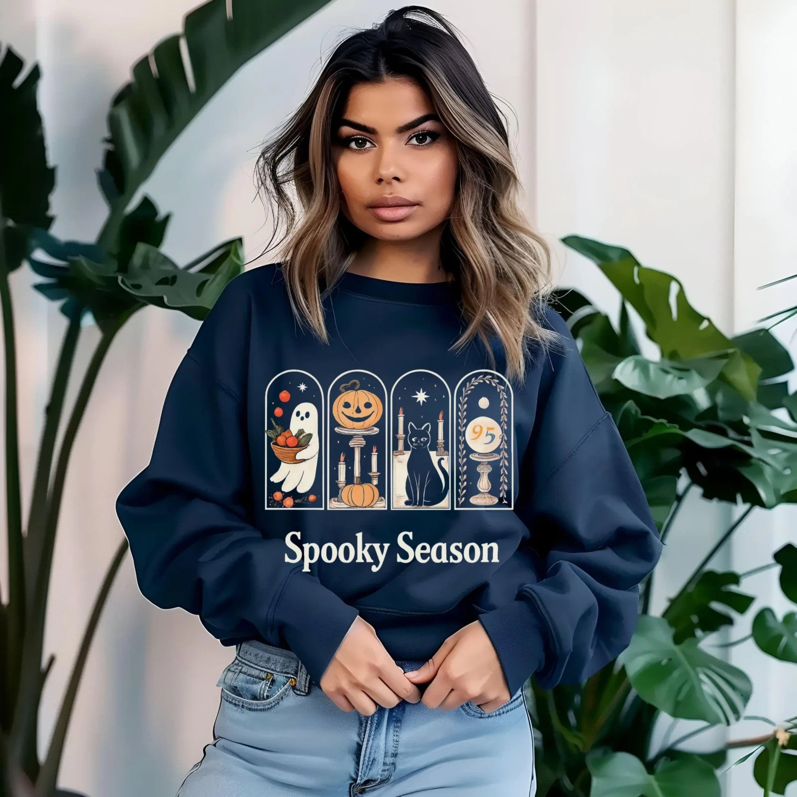 Womans Halloween Sweatshirt Spooky Season Retro Pumpkin Ghosts Spooky Cat Top