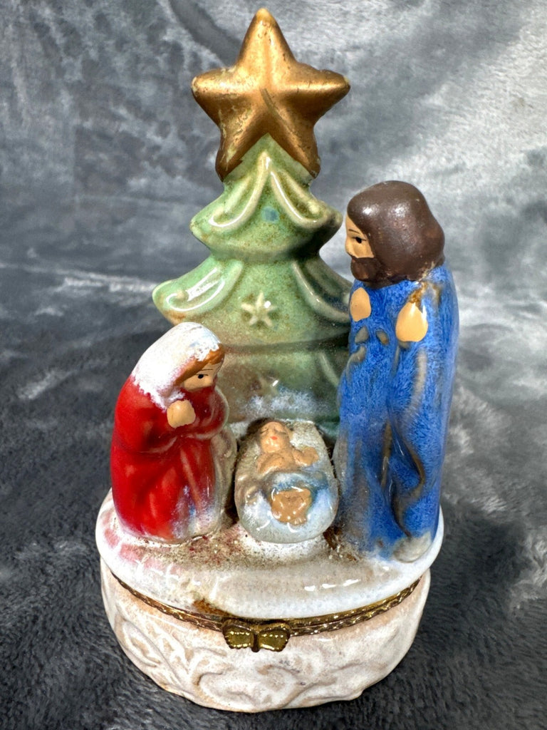 Vintage Ceramic Nativity Scene Hinged Trinket Box With Star & Tree