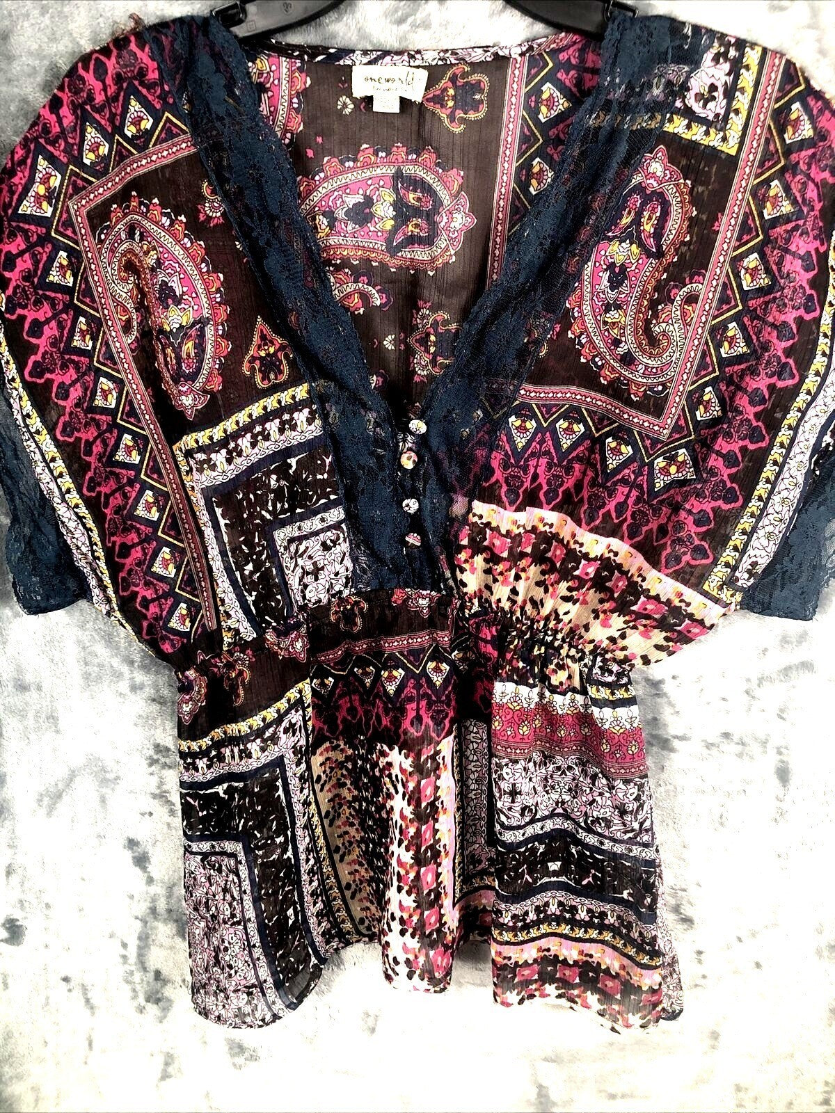 OneWorld Womens Blouse Boho Kimono Top With Lace Trim & Paisley Design