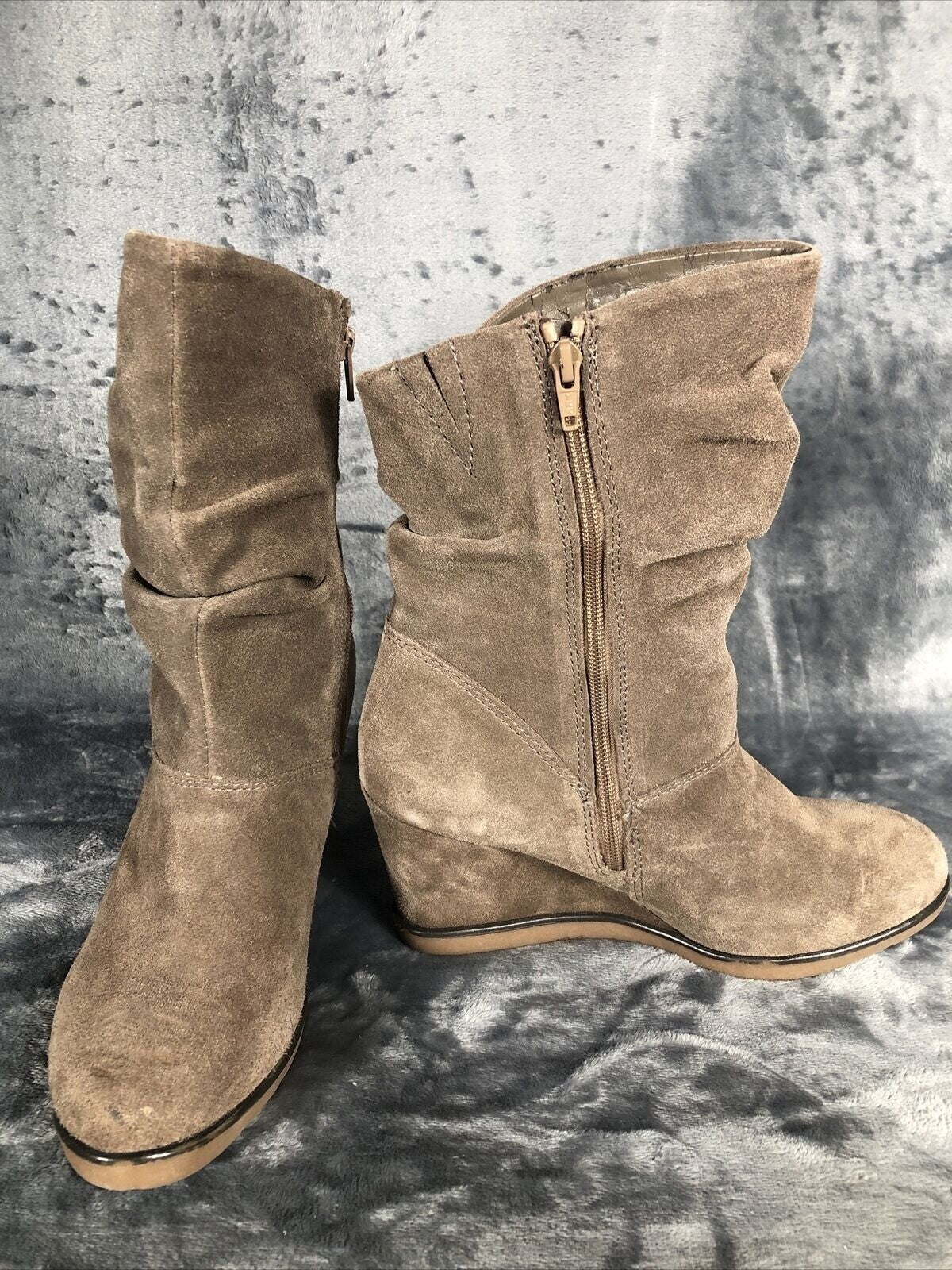 Suede Boots Woman's Wedge Heel Slouch Brown Boots With Zipper Closure & Stitch