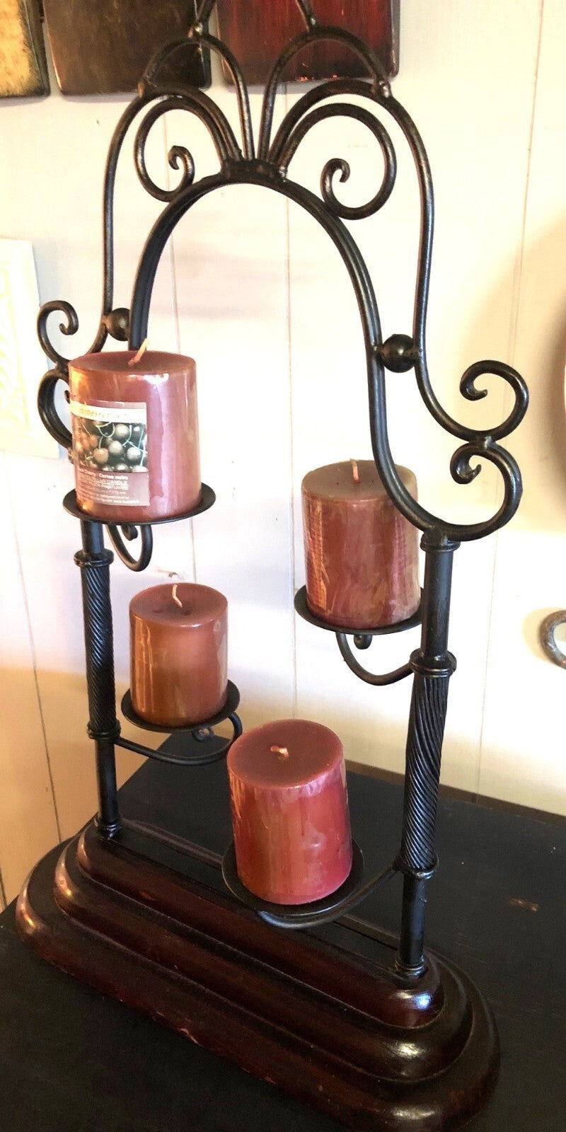 Vintage Metal Candle Holder Stand With Four Red Candles