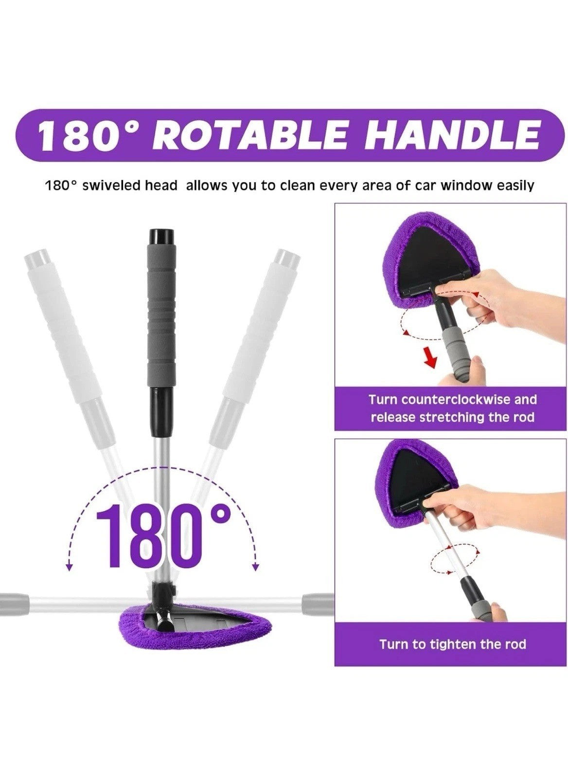 Windshield Cleaning Tool With Extendable Handle & Reusable Microfiber Pads