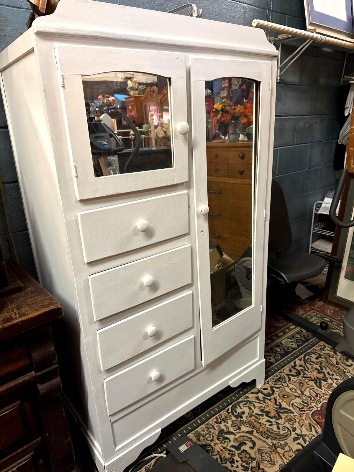 Antique White Wood Wardrobe Armoire With Mirror Door & Drawers