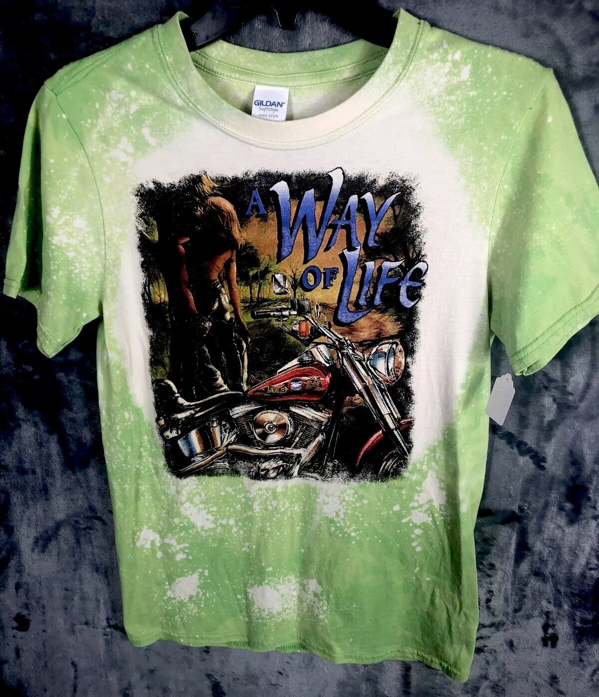 Biker T Shirt Tie Dye Bleached A Way Of Life Womens Distressed Green Small Shirt