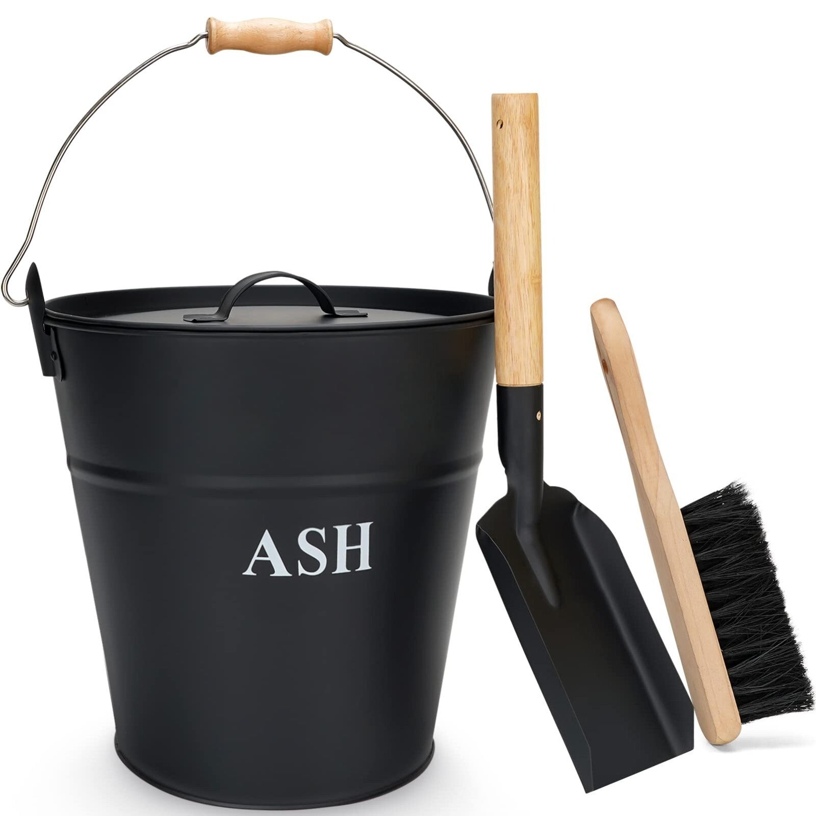 Ash Bucket With Lid & Wooden Handle Set: Metal Ash Bucket Shovel & Brush For Fir