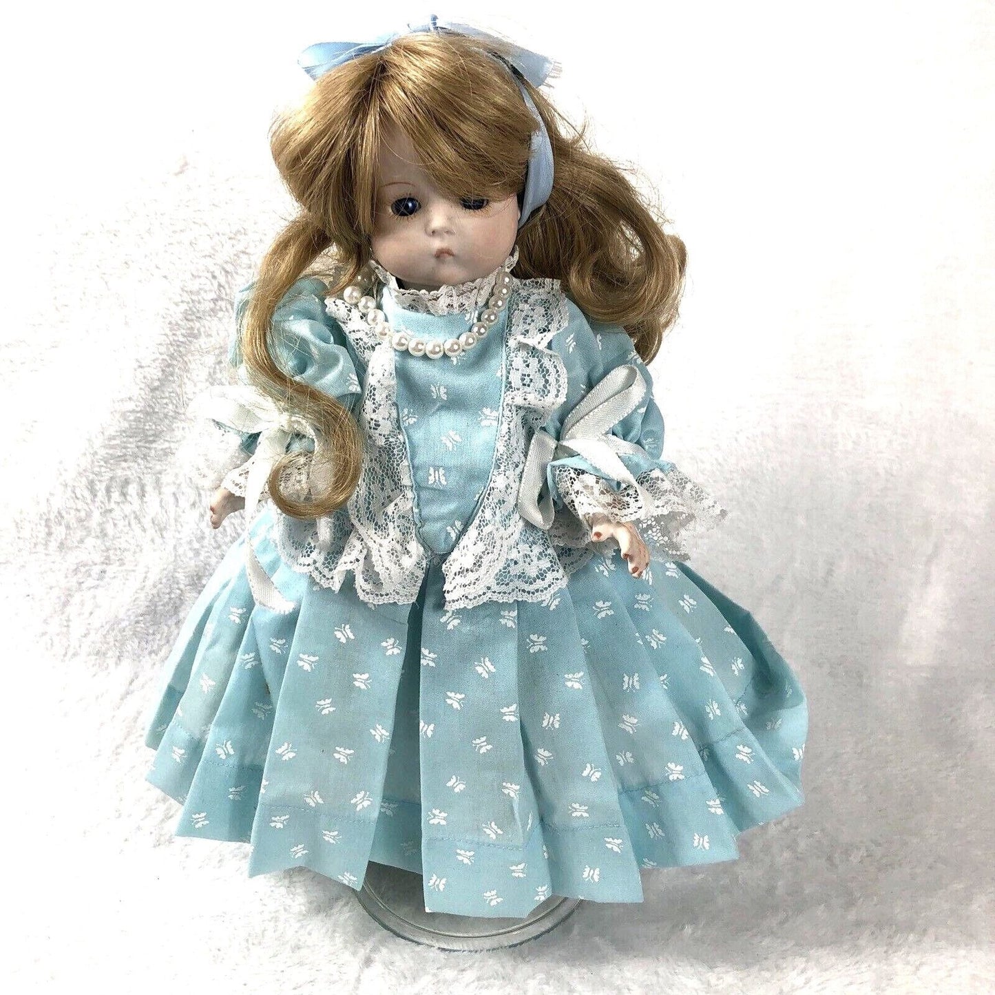 Vintage Porcelain Doll With Blue Dress & Pearls