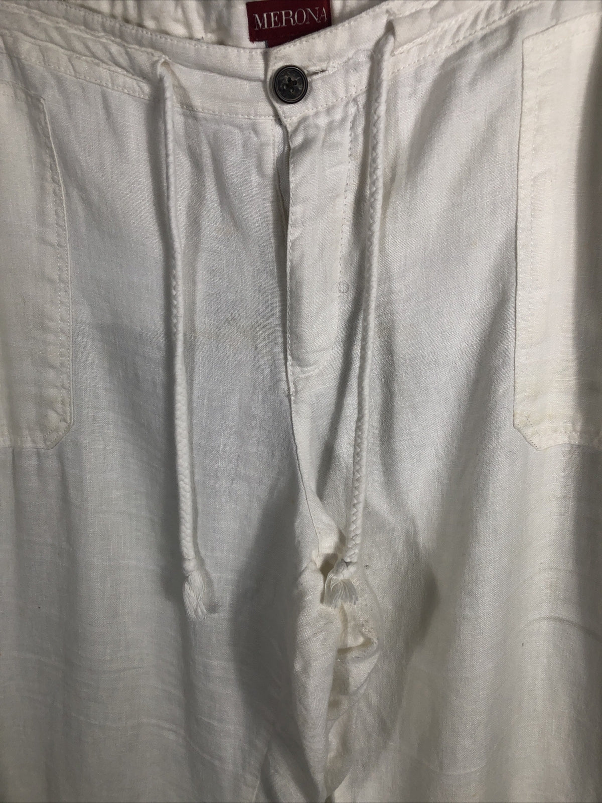 Merona Pants Woman’s Lounge Ivory Linen Pants Pockets Roll Tab Cuff Elastic XL