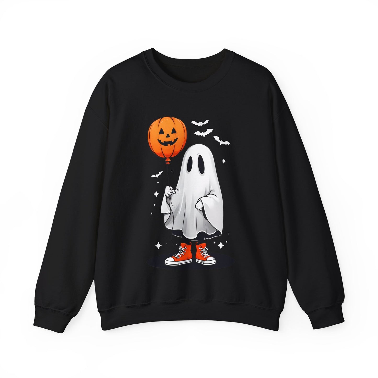 Ghost with Pumpkin Balloon Halloween Sweatshirt Cozy Fall Vibes & Spooky Style