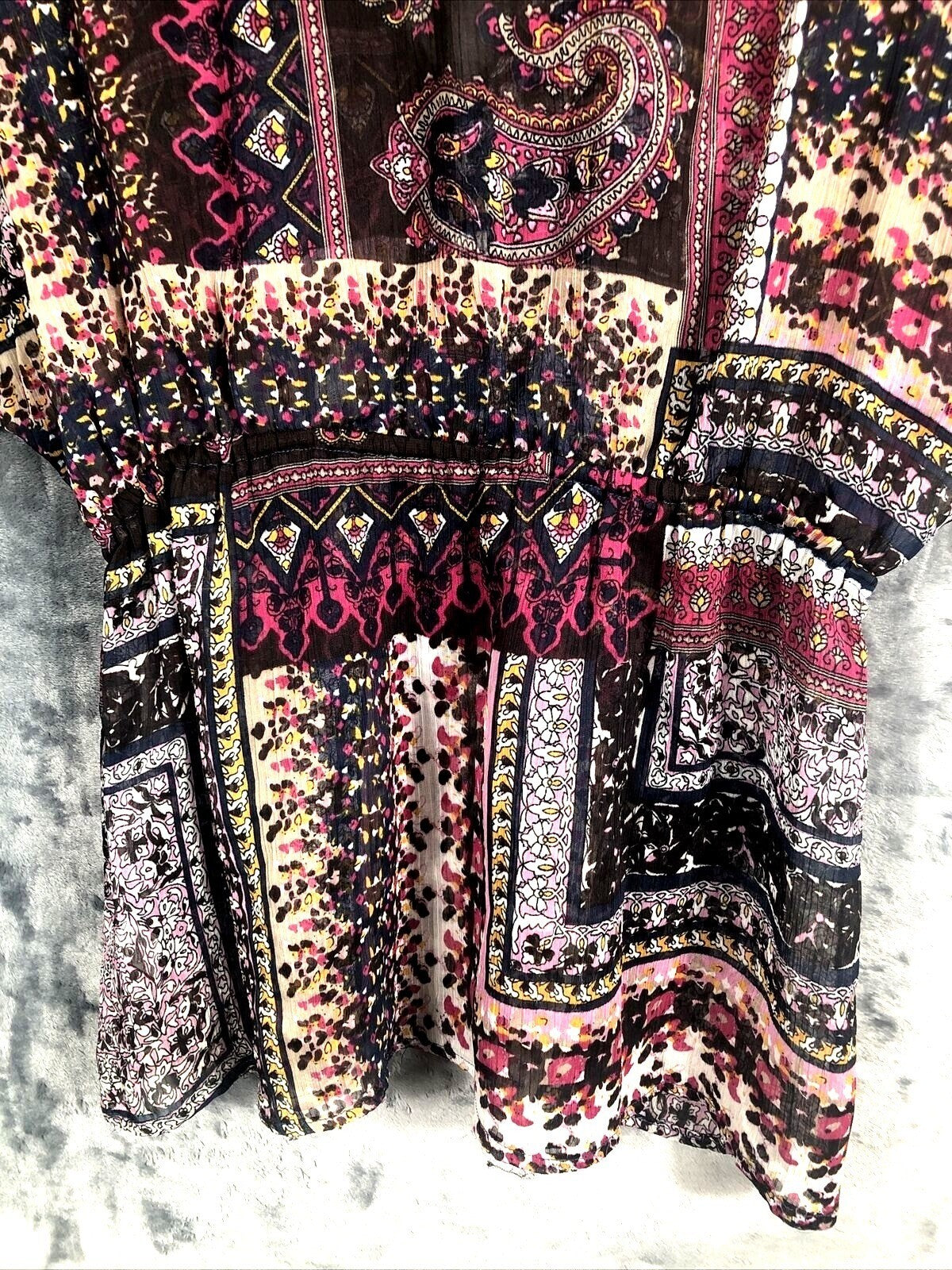 OneWorld Womens Blouse Boho Kimono Top With Lace Trim & Paisley Design