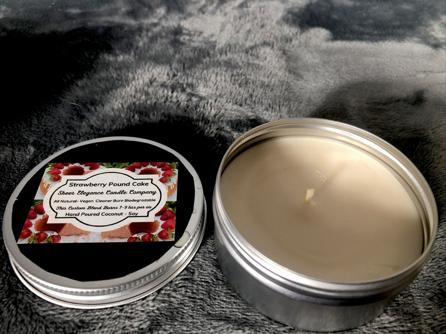 Candles Coconut Soy Blend Strawberry Poundcake 4 Ounce Tin Hand Poured 