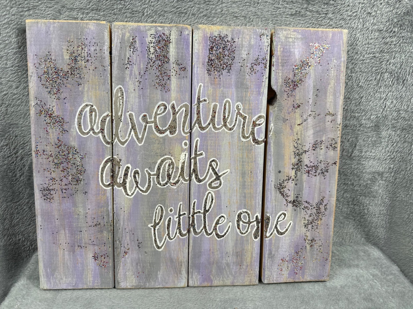 Rustic Wooden Wall Plaque Text Adventure Awaits Little One Purple With Glitter