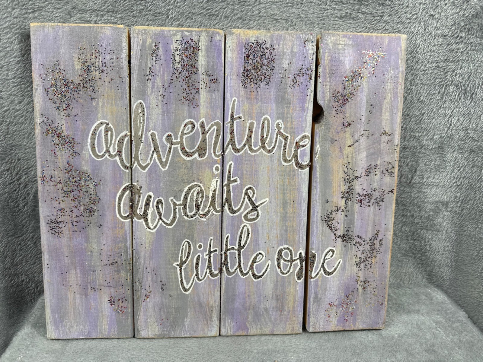 Rustic Wooden Wall Plaque Text Adventure Awaits Little One Purple With Glitter