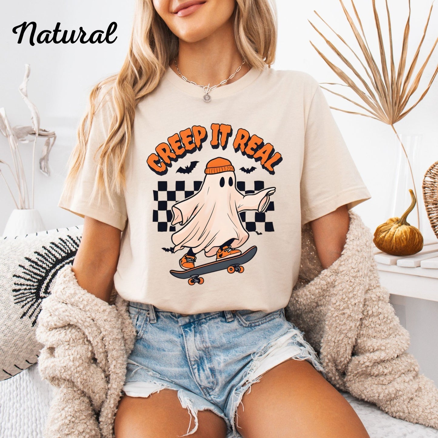 Womans T Shirt Retro Halloween Creep It Real Top Ghost Witch Fall Spooky Shirt