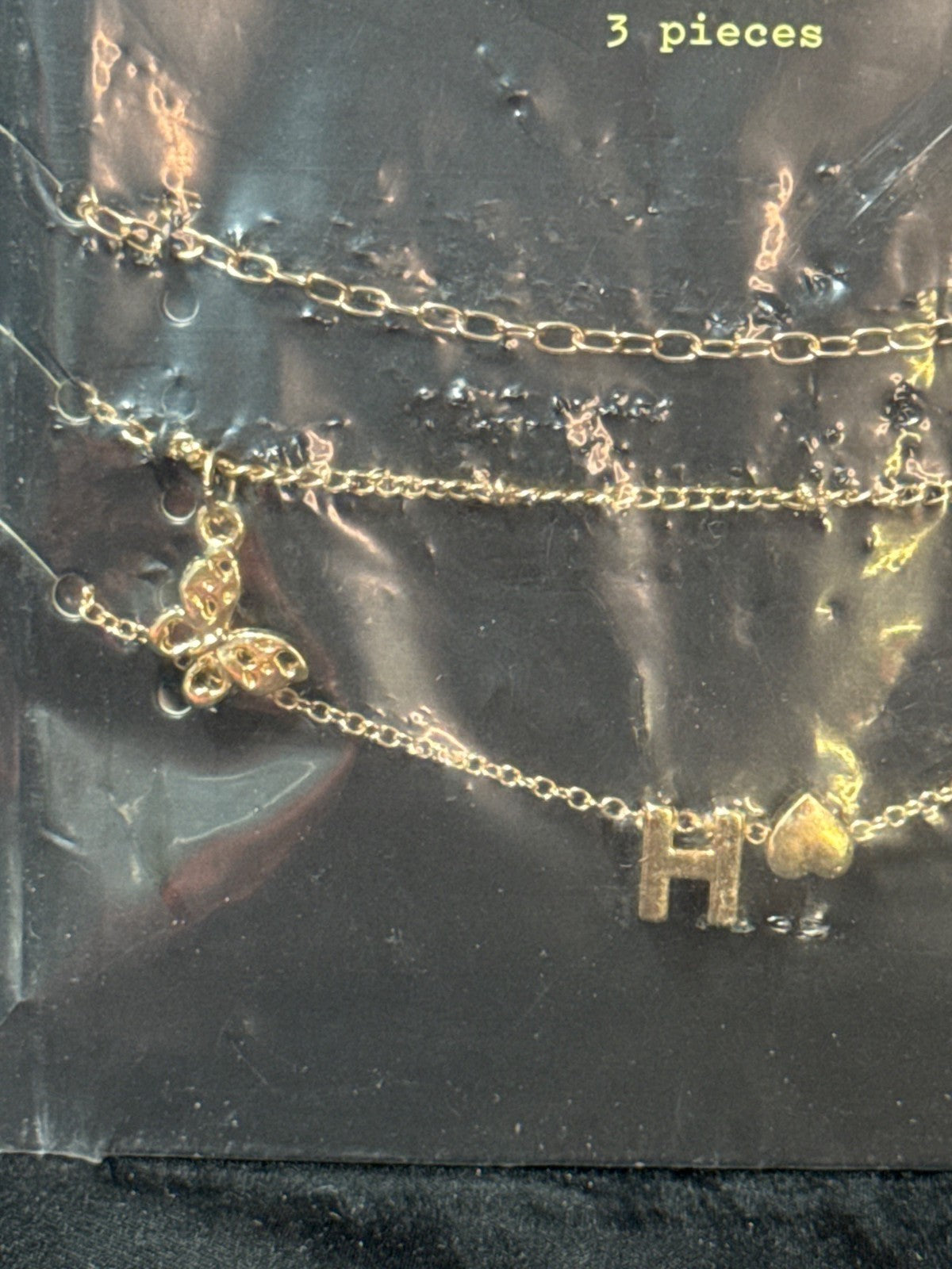 Gold Butterfly Heart Initial H Necklace Set  3 Pieces