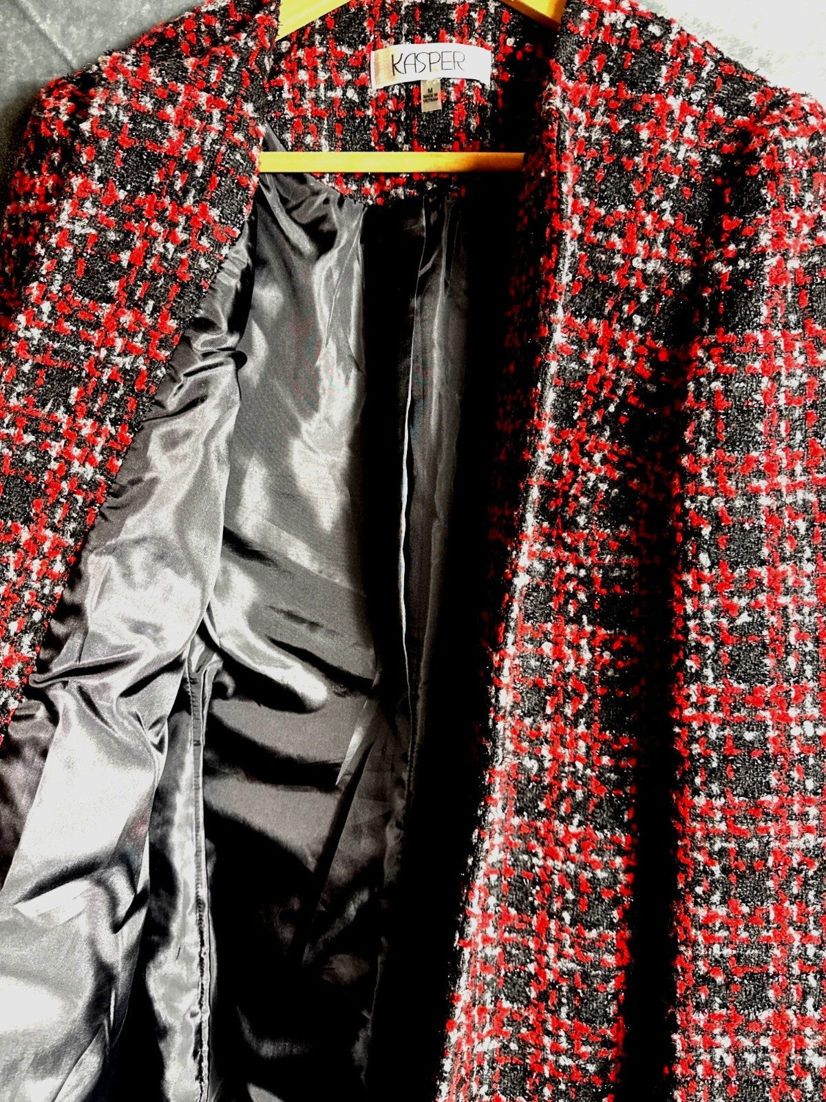 Kasper Womens Medium Tweed Plaid Open Front Blazer Jacket Made In Vietnam