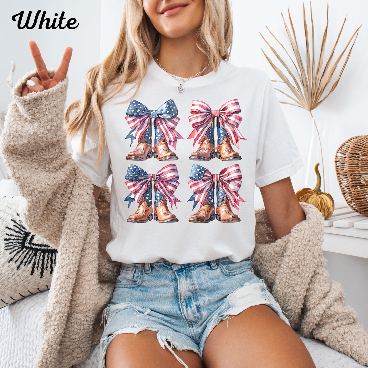 Womans T Shirt 4th of July American Flag Cowgirl Coquette Boots Top