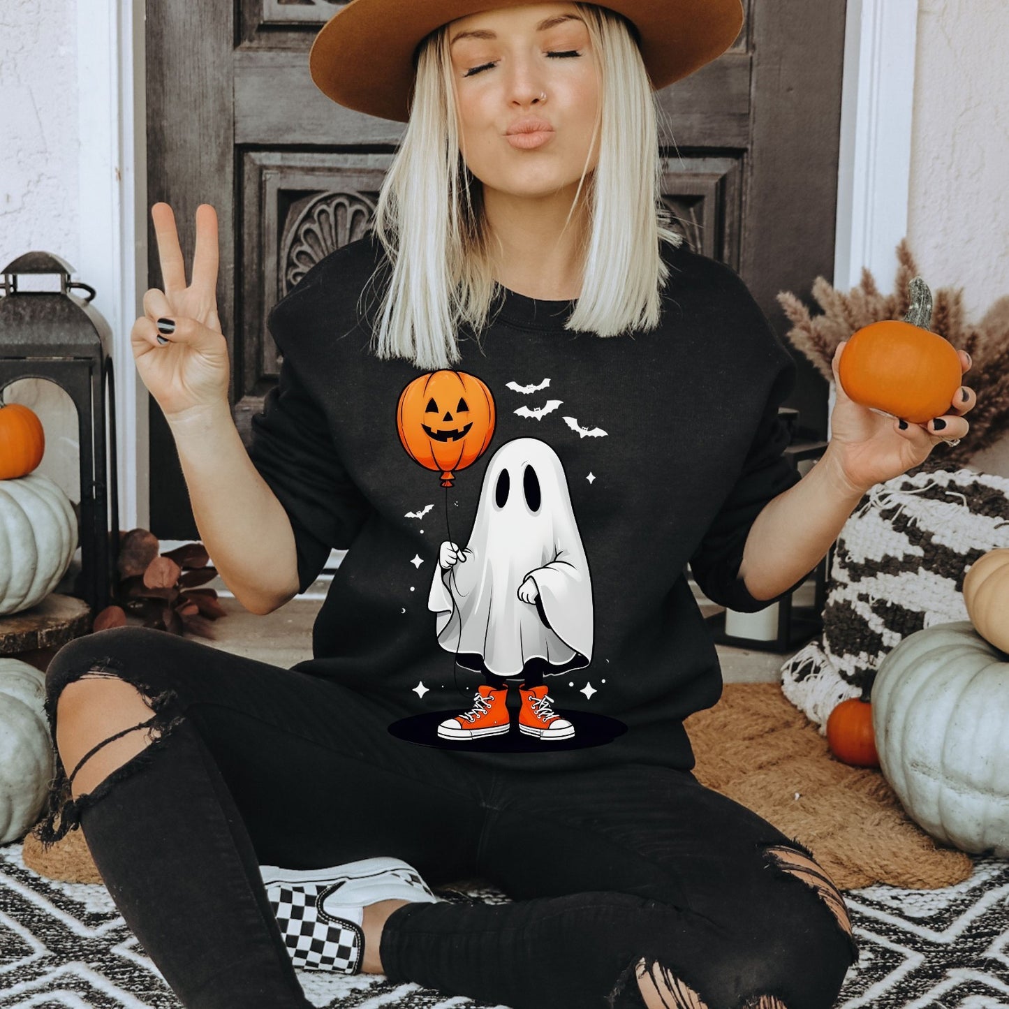 Ghost with Pumpkin Balloon Halloween Sweatshirt Cozy Fall Vibes & Spooky Style