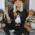 Ghost with Pumpkin Balloon Halloween Sweatshirt Cozy Fall Vibes & Spooky Style