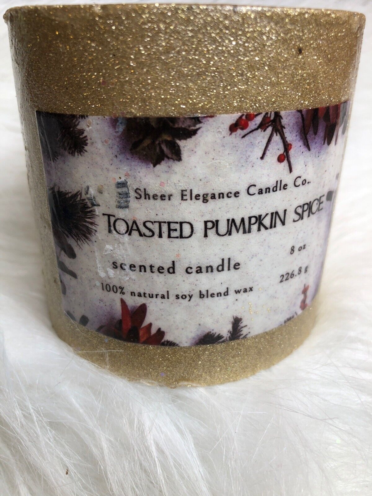 Sheer Elegance Candle Co. Toasted Pumpkin Spice Scented Candle Gold Glitter 8 Oz