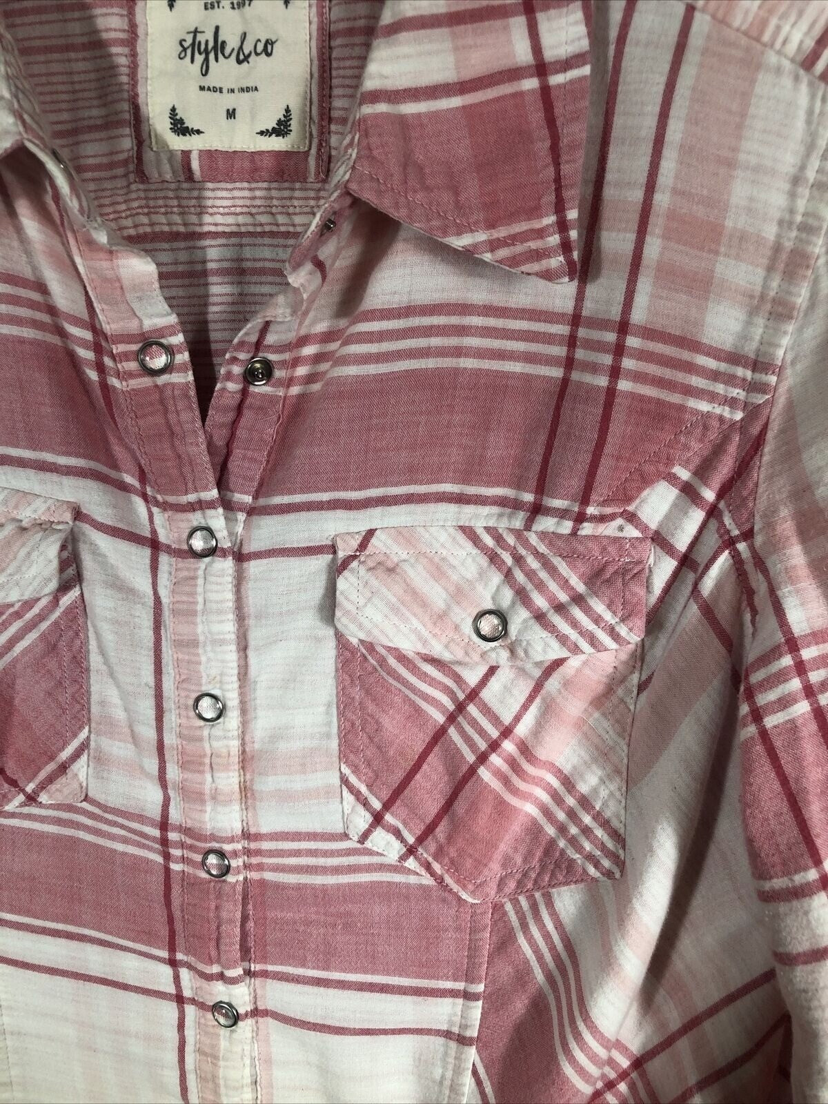 Style & Co Womens Pink Plaid Button-Up Shirt M