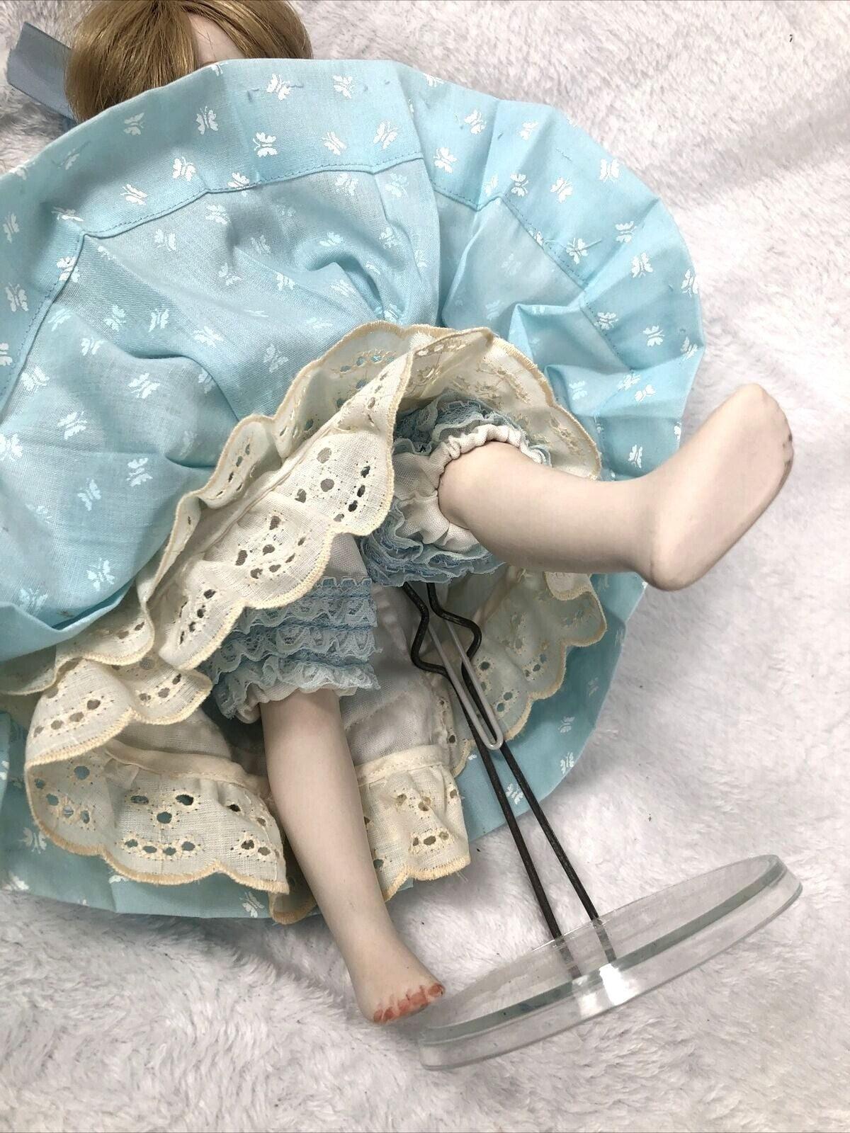 Vintage Porcelain Doll With Blue Dress & Pearls