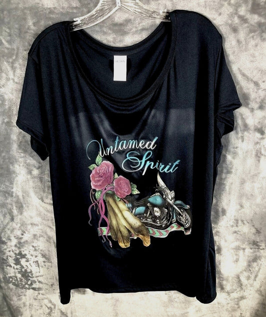 "Untamed Spirit" Women's T-Shirt With Motorcycle & Roses Shirt