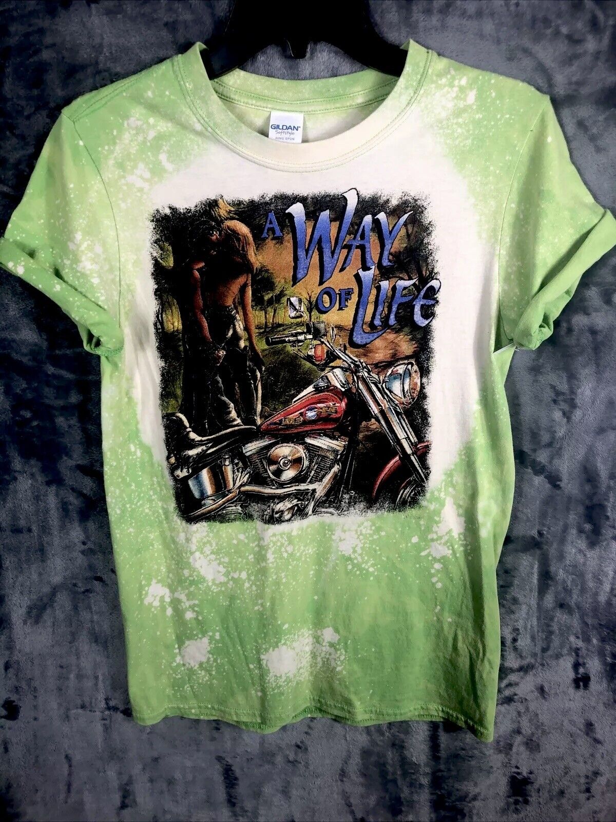 Biker T Shirt Tie Dye Bleached A Way Of Life Womens Distressed Green Small Shirt