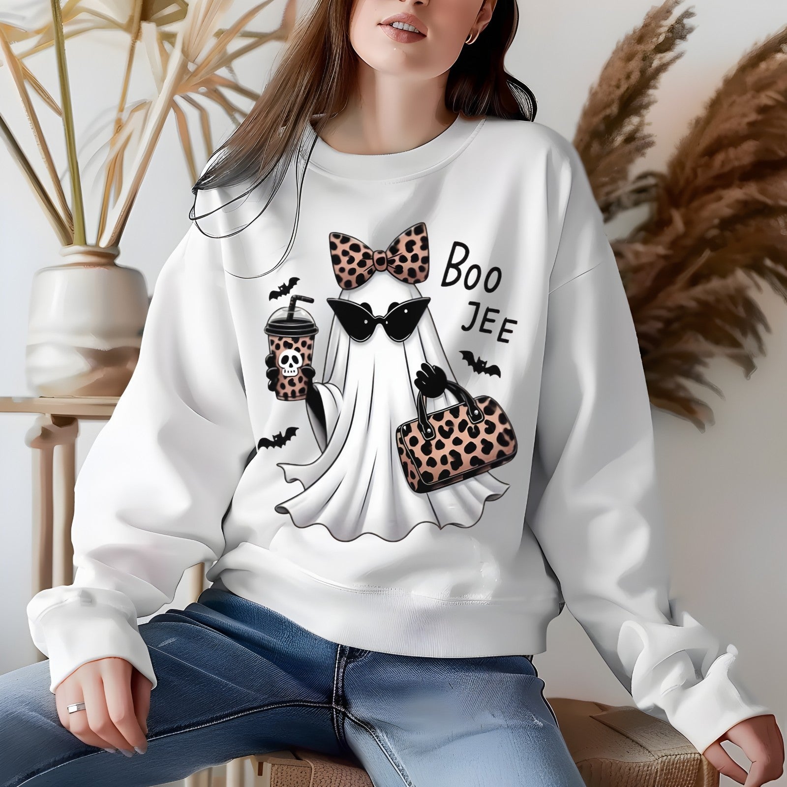 Womans Boojee Ghost Halloween Sweatshirt with Leopard Coquette Bow Cute Fall